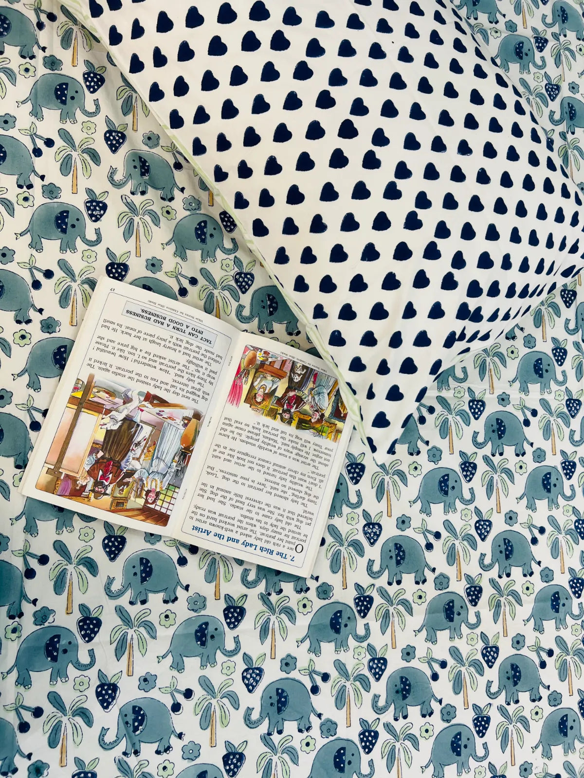 Close up of blue elephant print cotton bedsheet