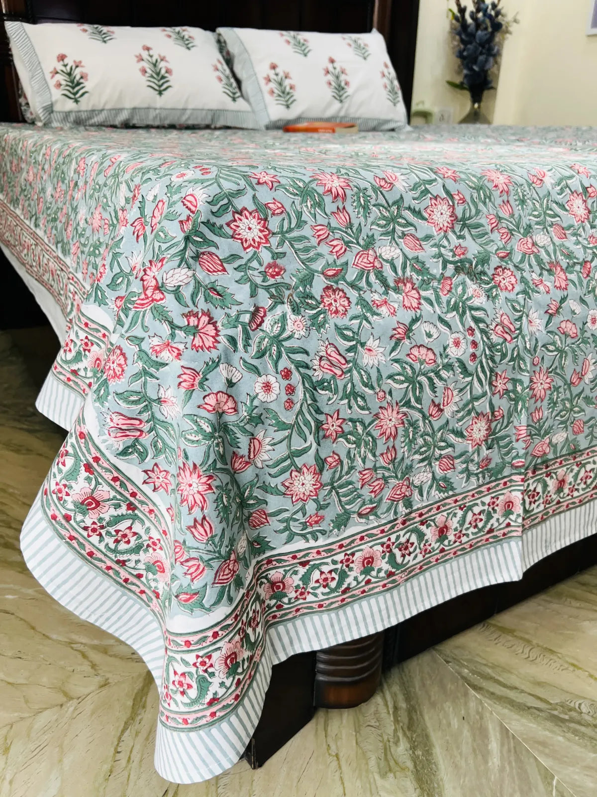 green floral jaal cotton bedsheet Jaipur handblock