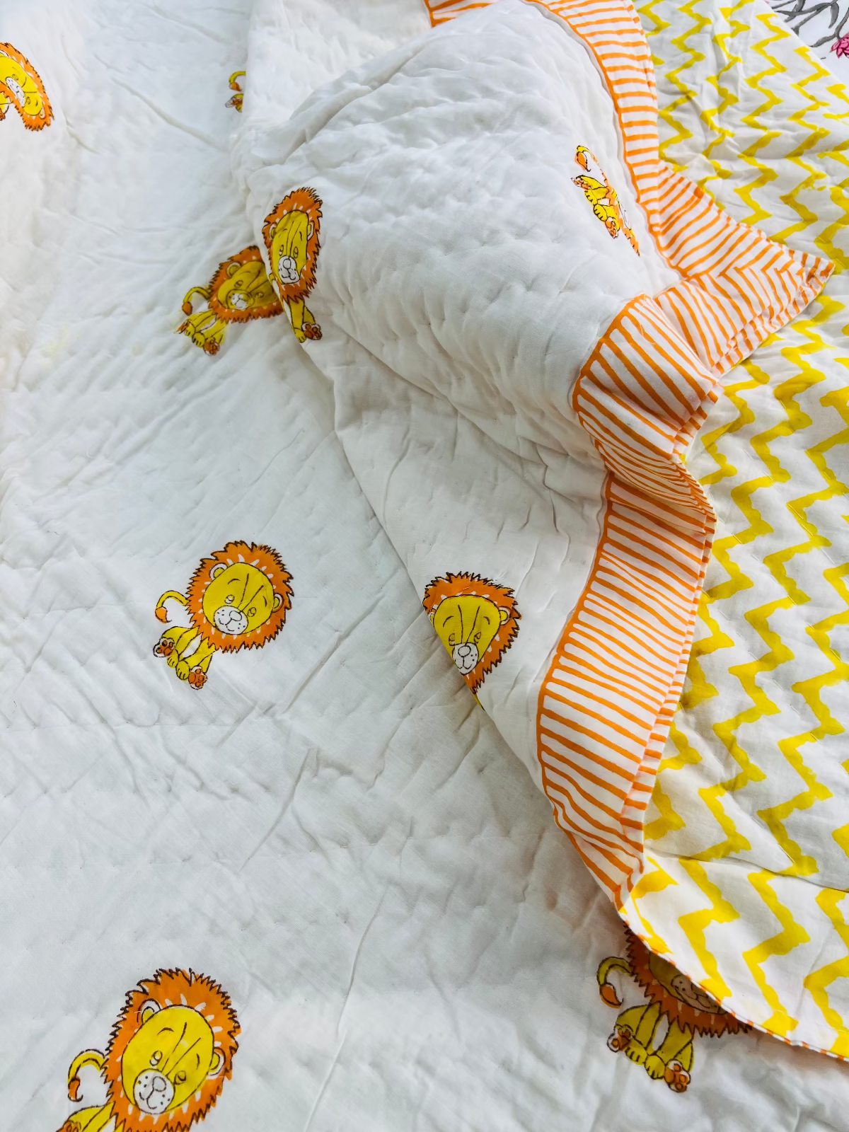 Little Lion Kids Muslin Cotton Quilt handblock printed reversible cotton quilt for kids handcrafted in Jaipur