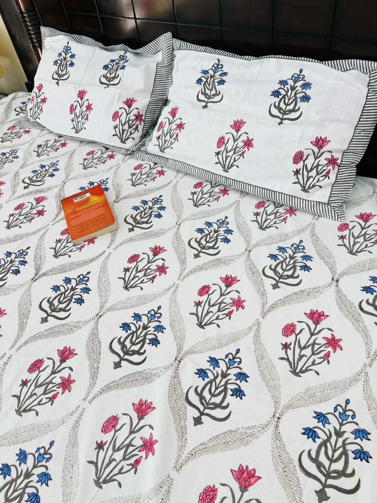 pink blue floral jaal handblock printed cotton bedsheet set Jaipur