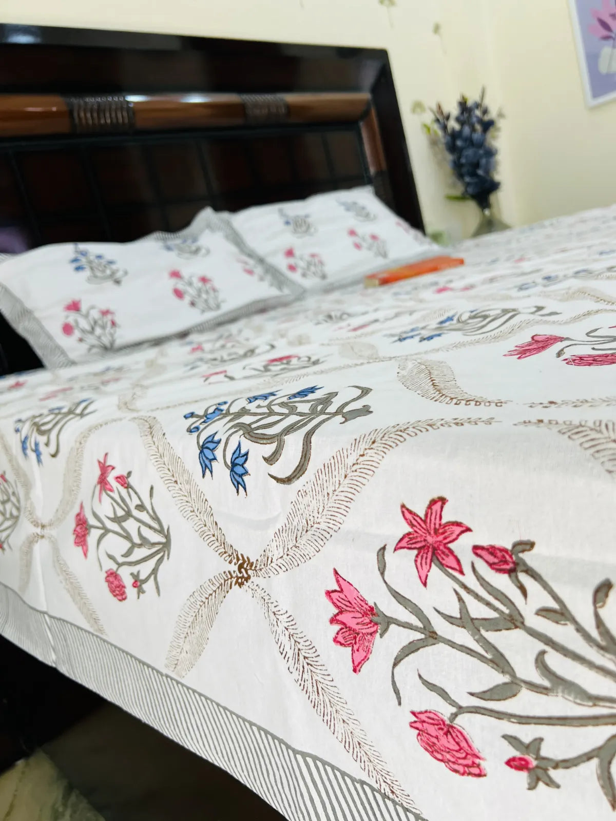 pink blue boota print cotton bedsheet handblock India