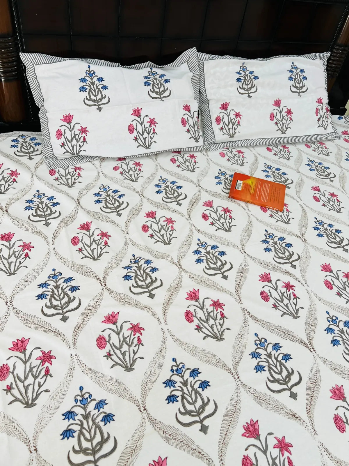 pink blue boota print cotton bedsheet handblock India