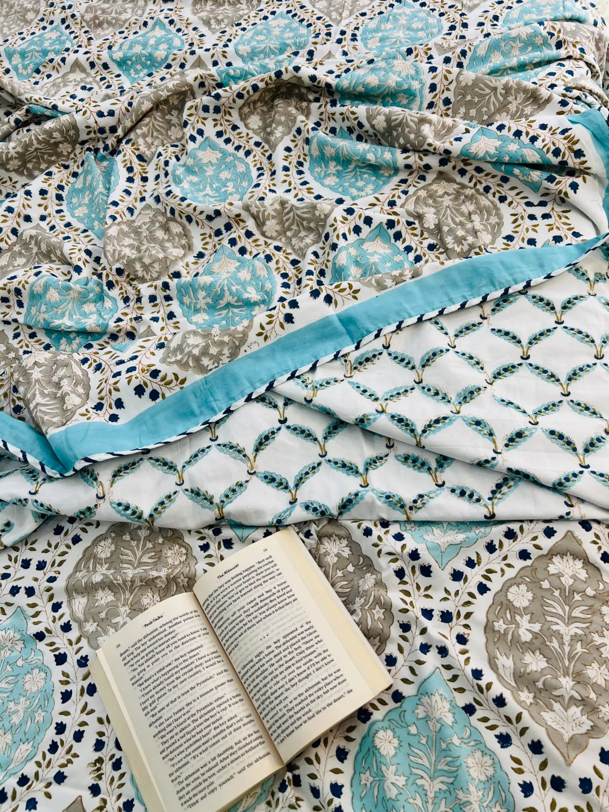 Jaipur Jewel handblock printed muslin cotton dohar styled on a bed