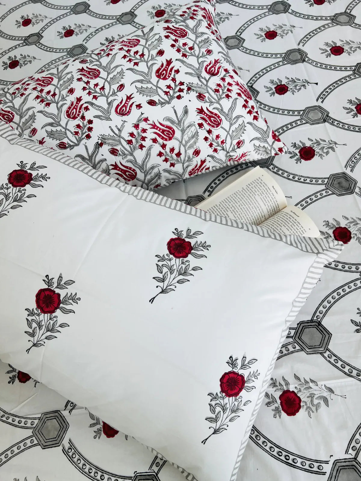 red rose grey jaali handblock printed cotton bedsheet set Jaipur