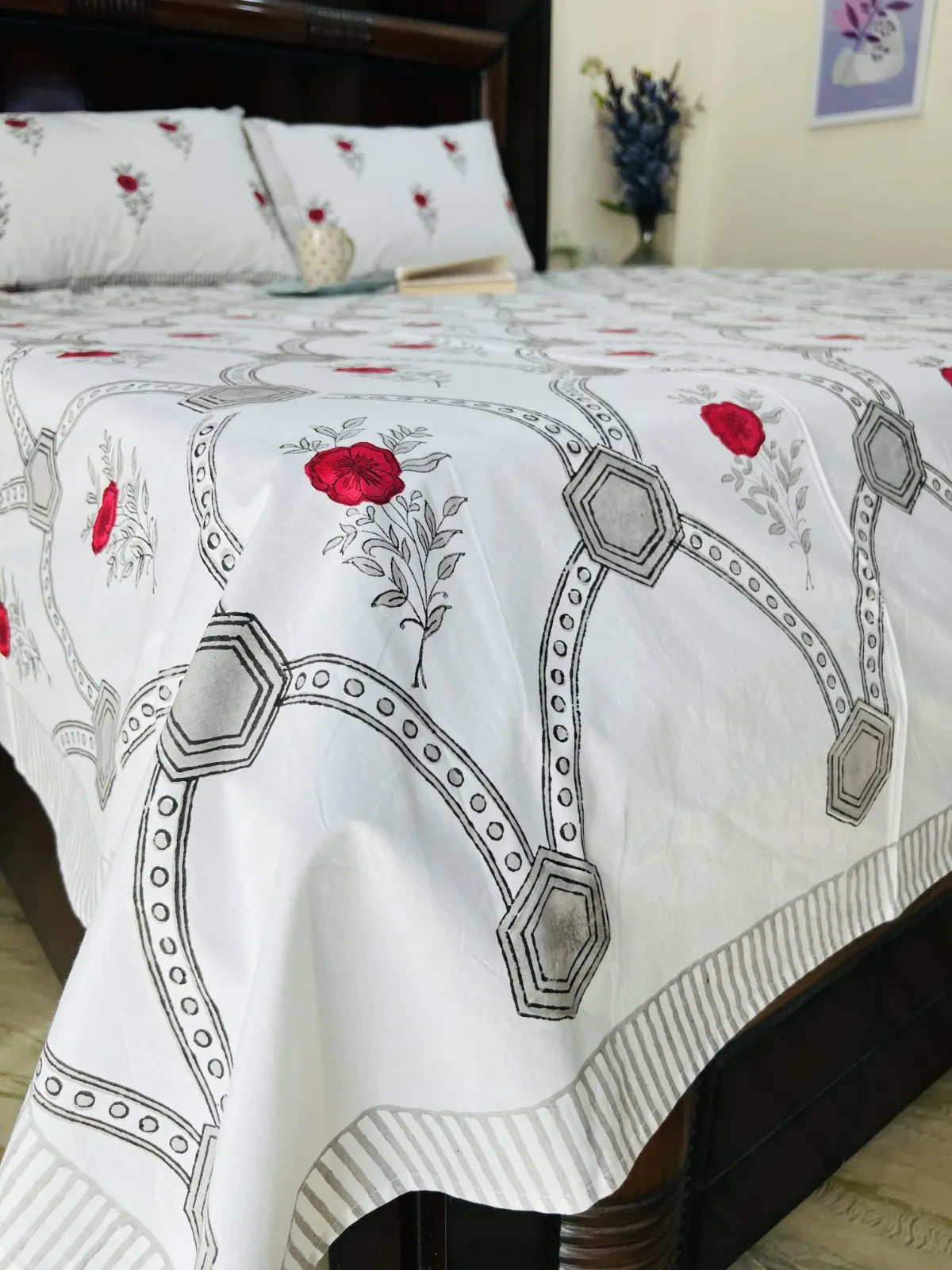 red floral lattice cotton bedsheet Jaipur handblock