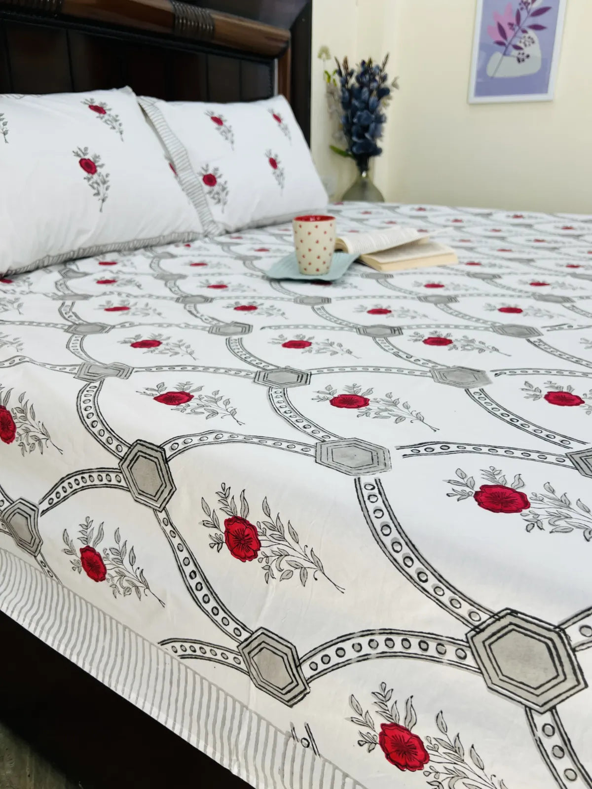 geometric jaali bedsheet with rose motifs cotton