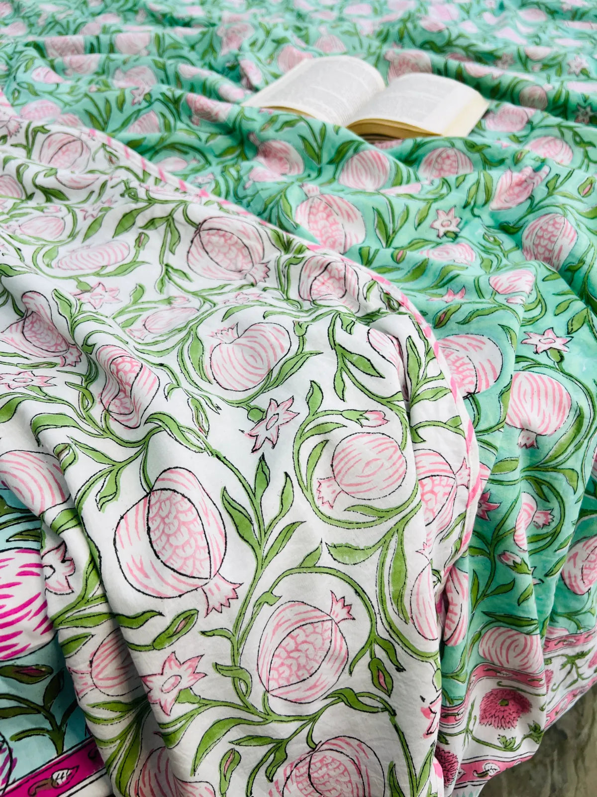 Handblock printed muslin cotton dohar with pink pomegranate floral print