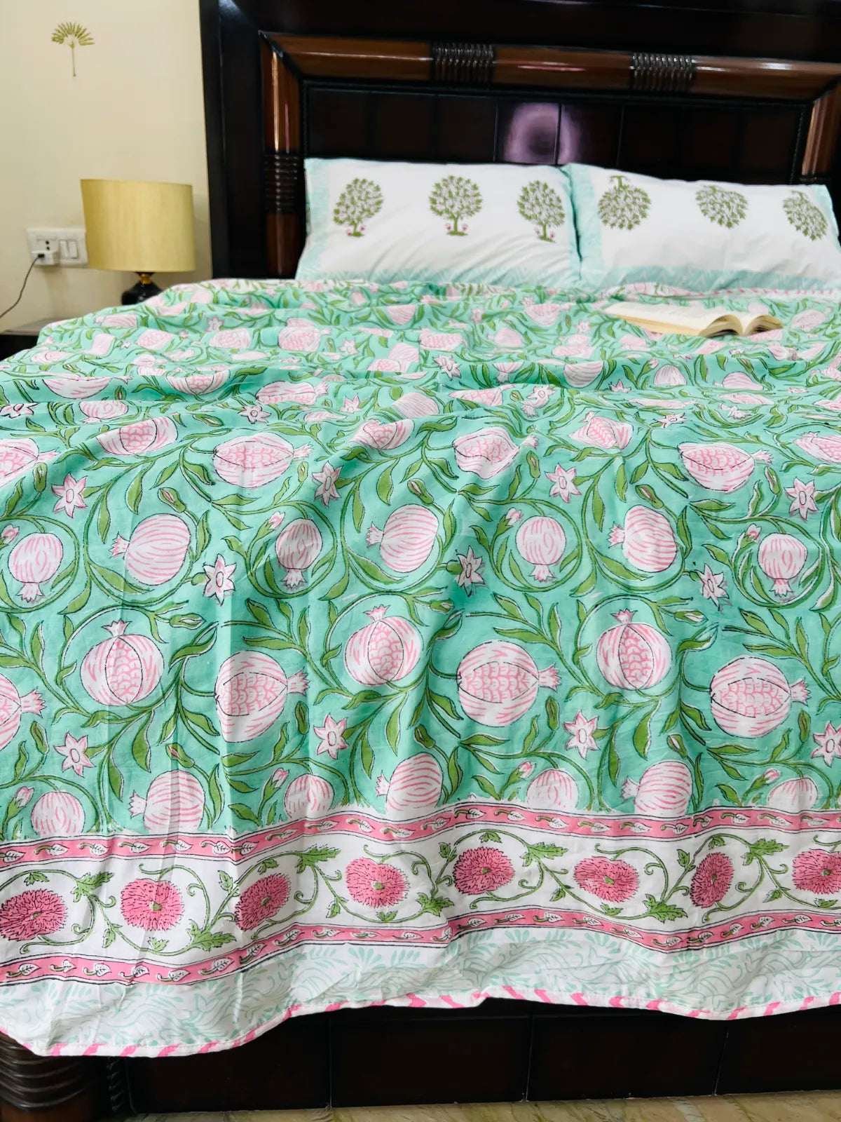 Soft muslin cotton fabric with handblock printed pomegranate floral design