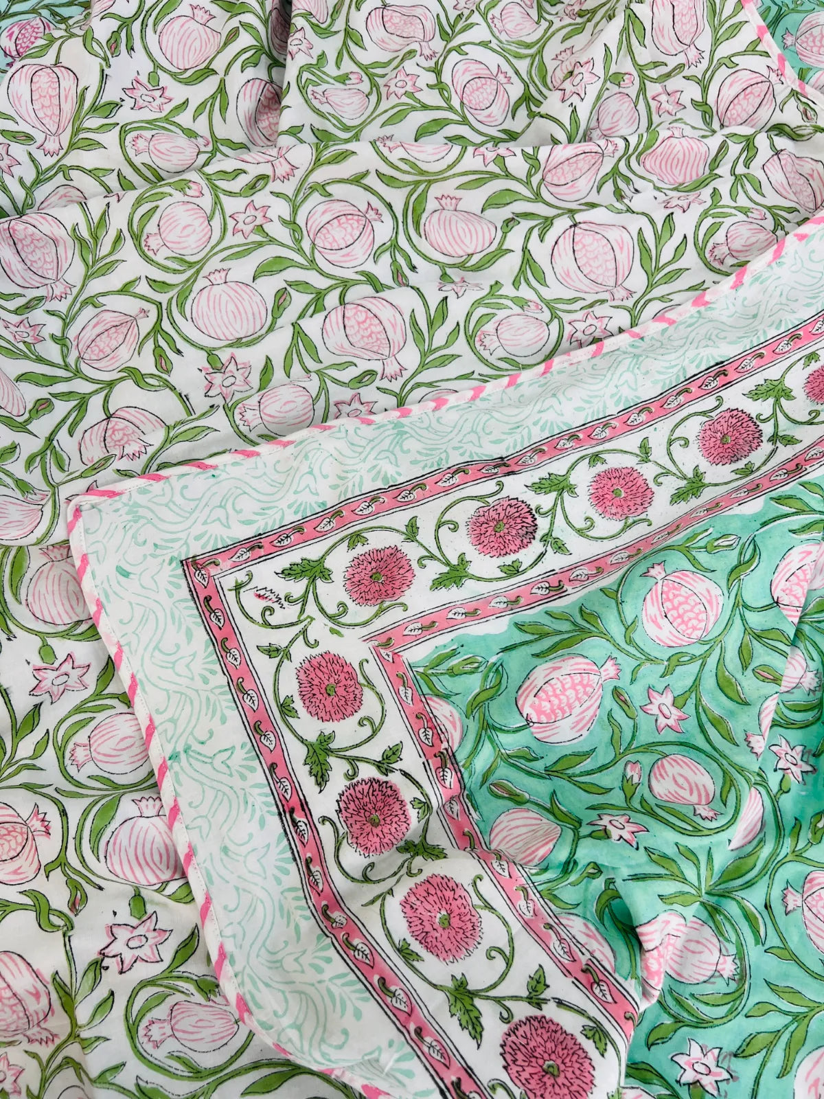 Folded handblock printed muslin cotton dohar in green and pink floral print