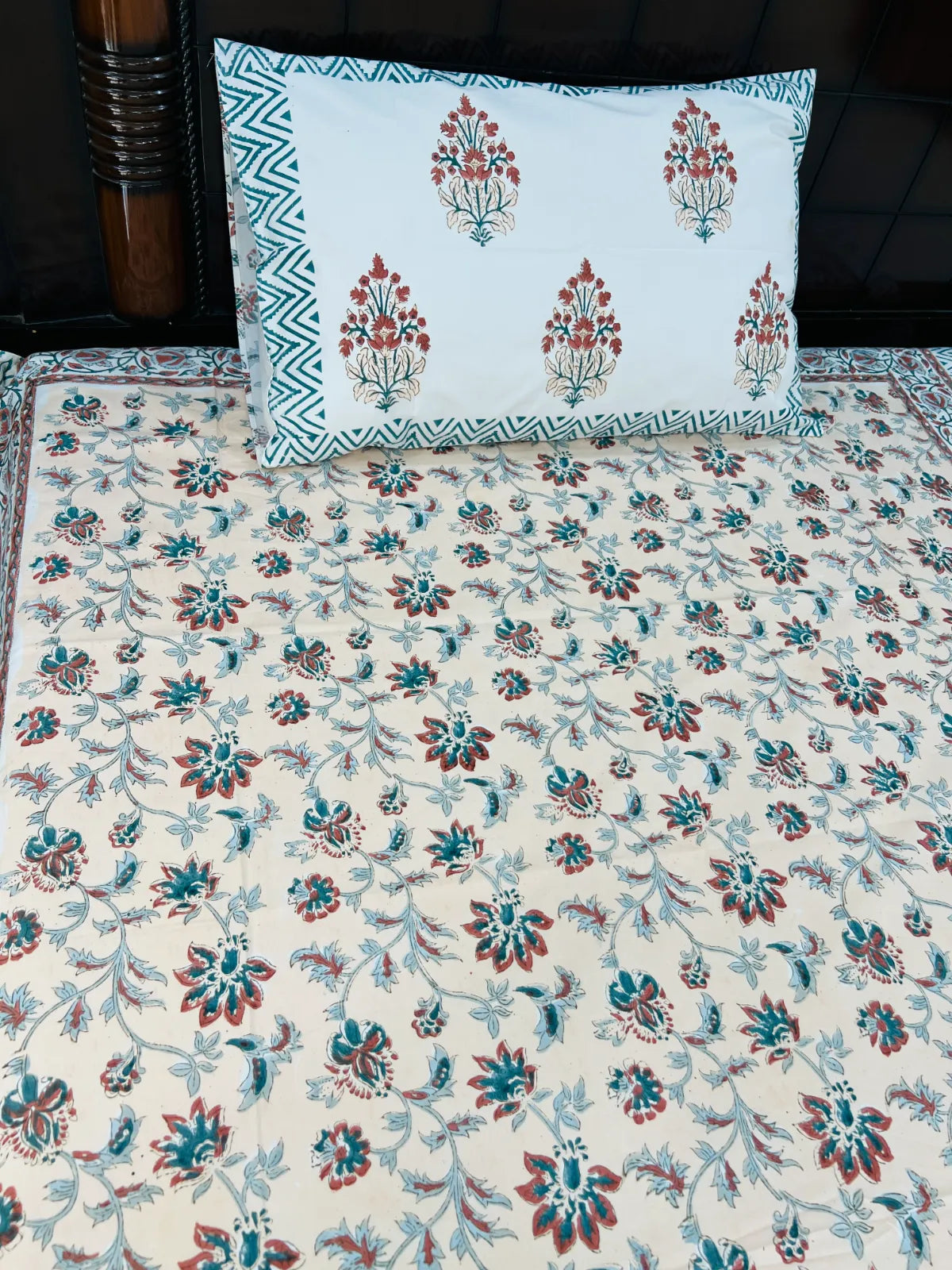 Gulnaar handblock printed pure cotton single bedsheet with floral bouquet design