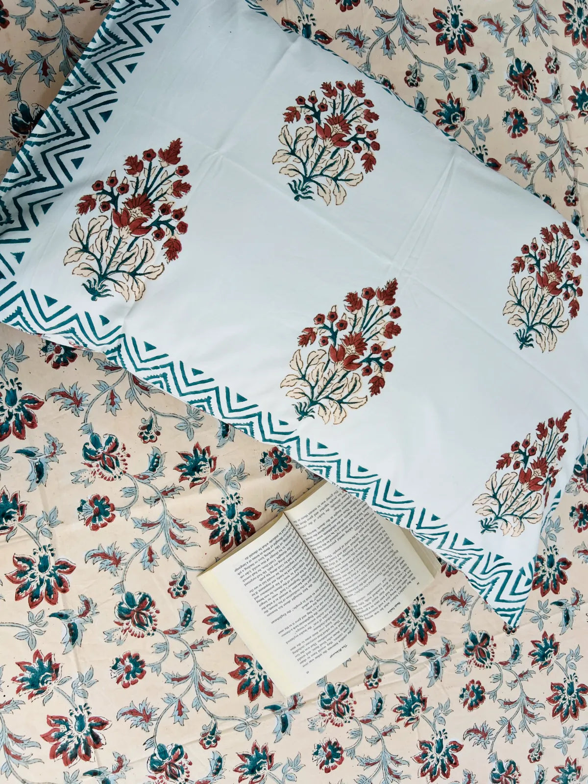 Gulnaar handblock printed pure cotton single bedsheet with floral bouquet design