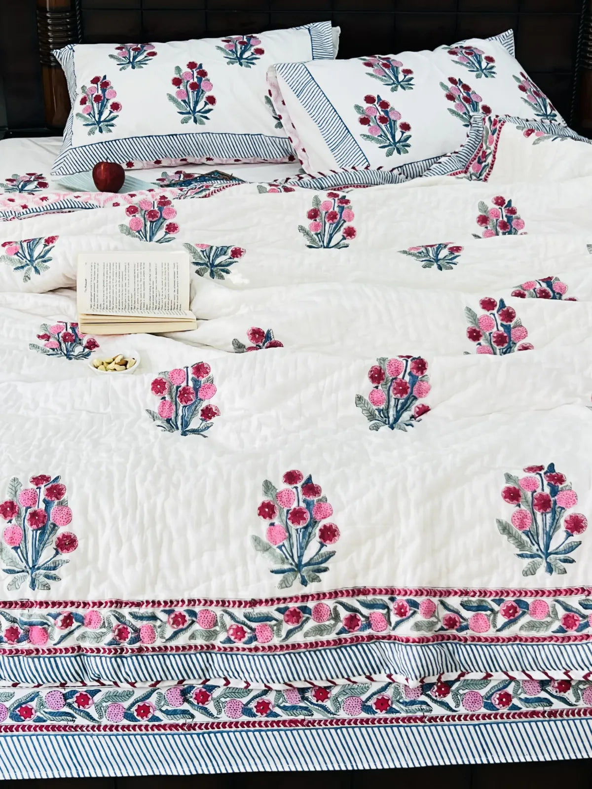 jaipuri bedding set with floral prints, handblock printed cotton 