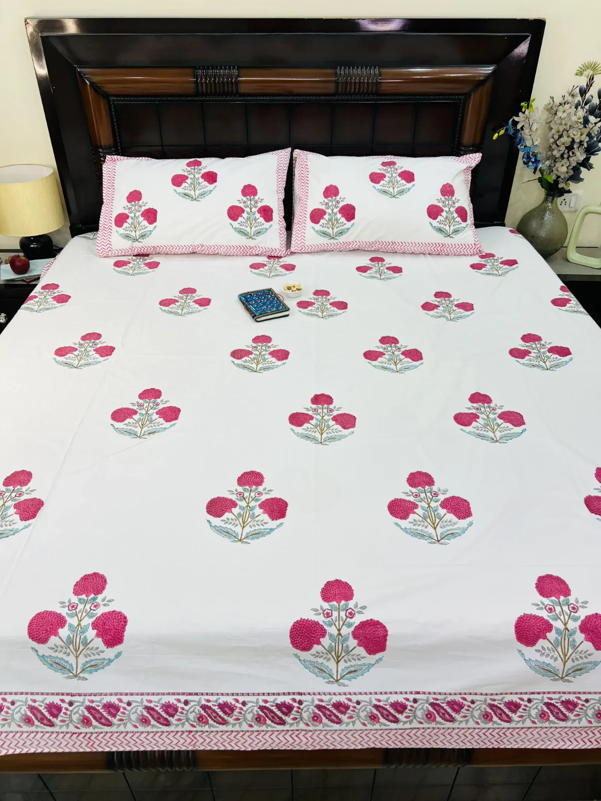 Pink floral handblock printed cotton bedsheet set with pillow covers – pure cotton Jaipur bedding
