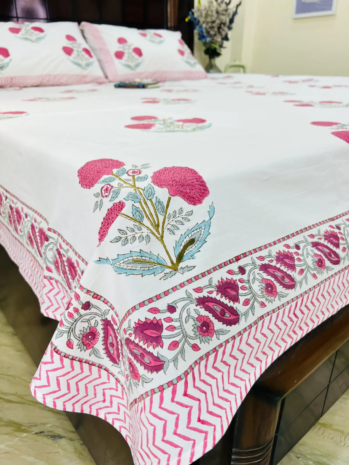 Pink floral handblock printed cotton bedsheet set with pillow covers – pure cotton Jaipur bedding