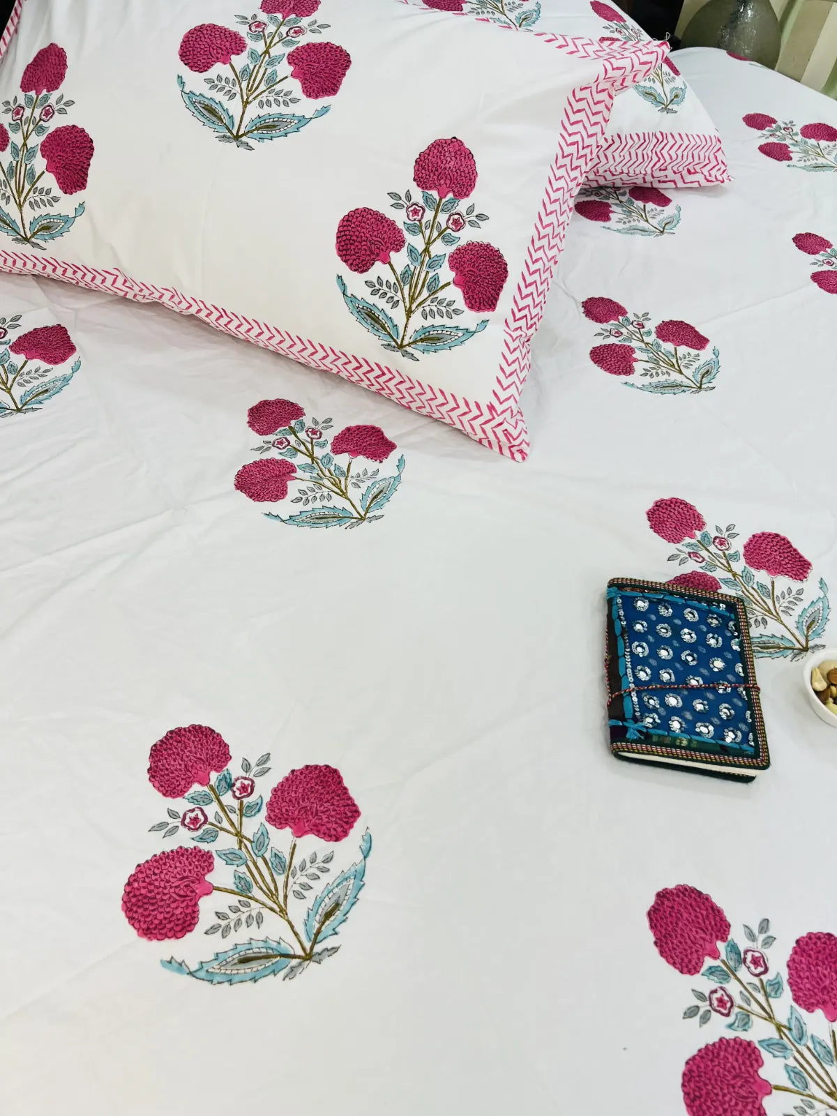 Pink floral handblock printed cotton bedsheet set with pillow covers – pure cotton Jaipur bedding