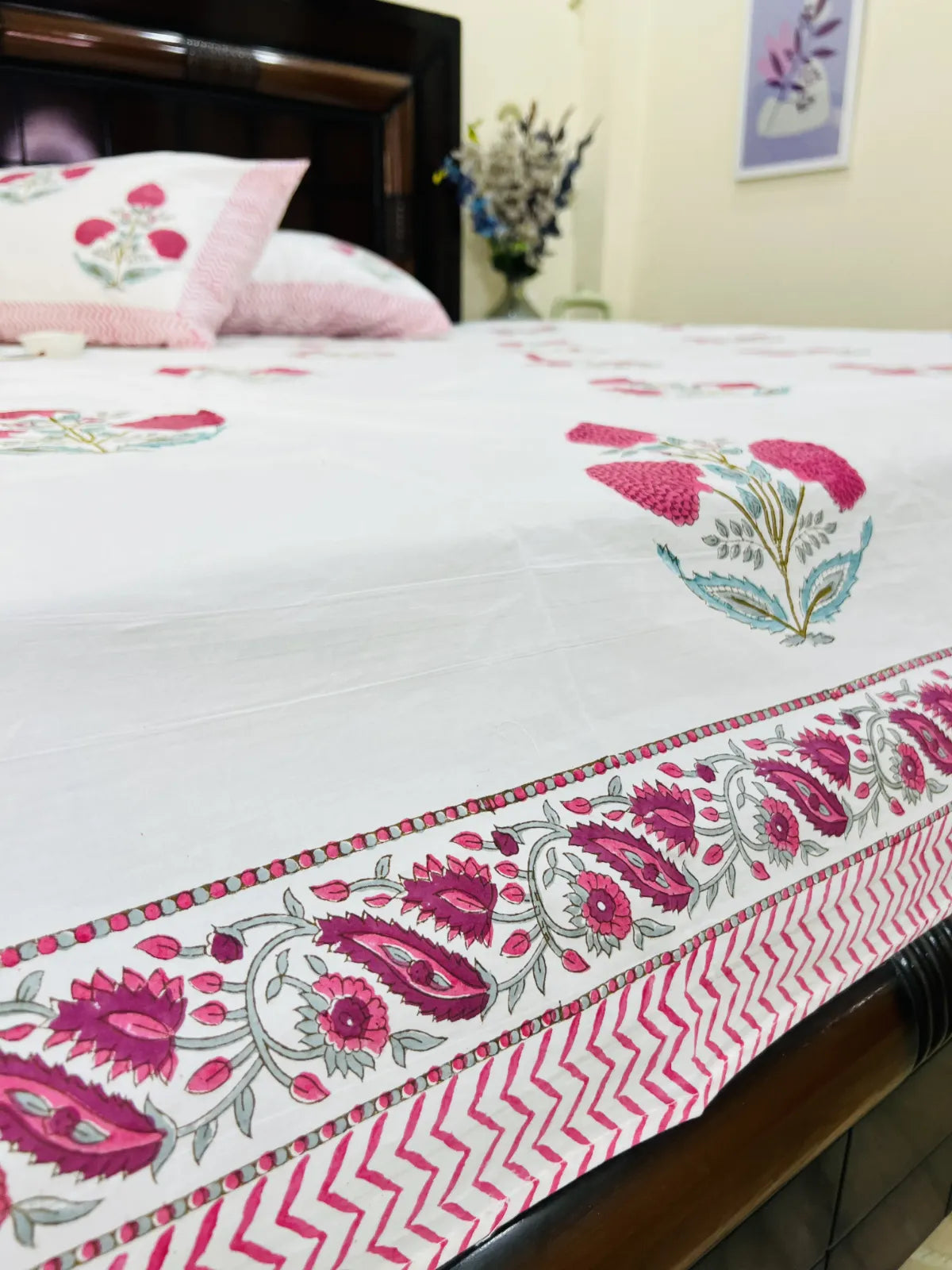 Pink floral handblock printed cotton bedsheet set with pillow covers – pure cotton Jaipur bedding