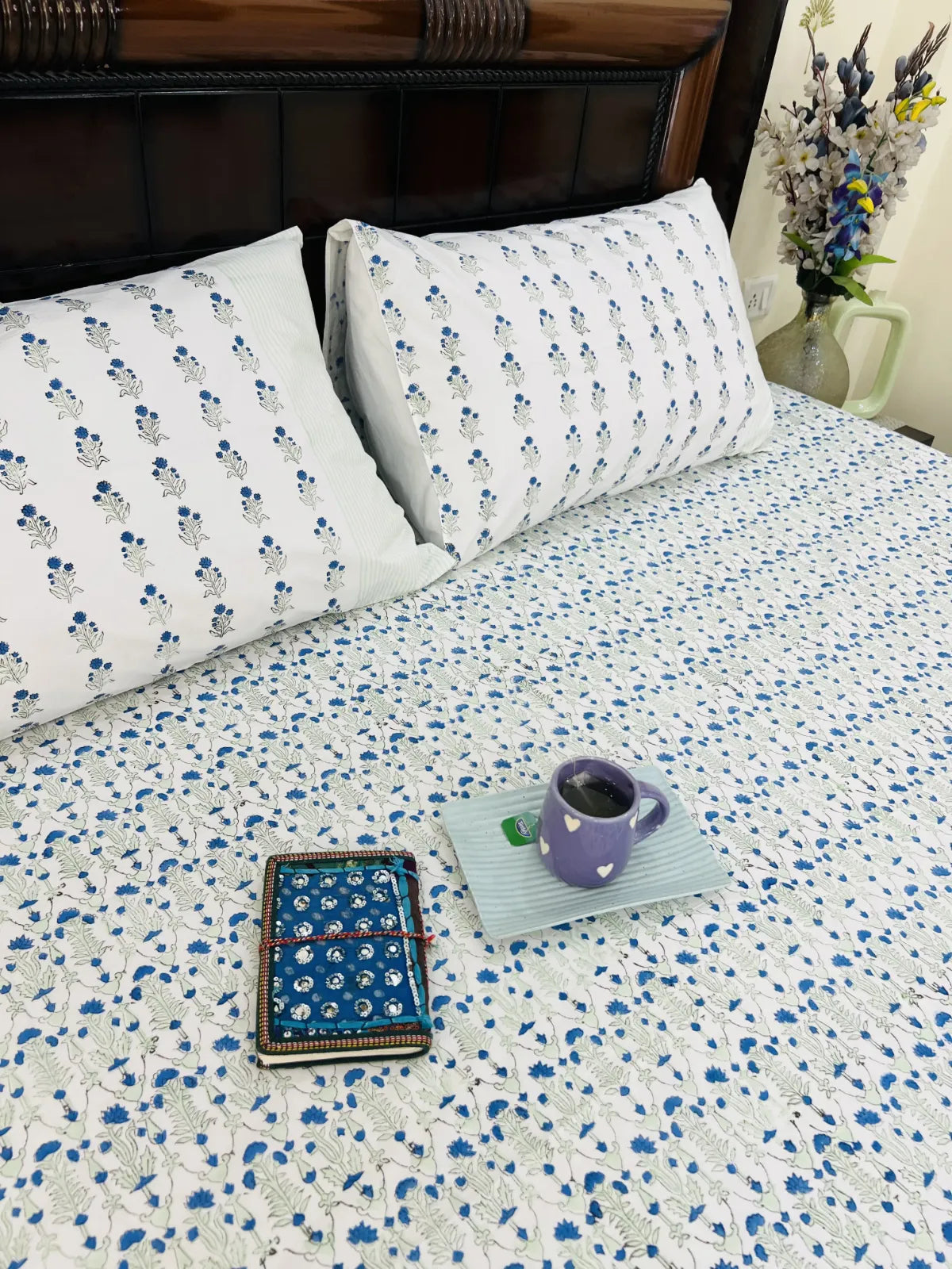 Pure cotton Jaipur bedsheet set blue flower print breathable bedding