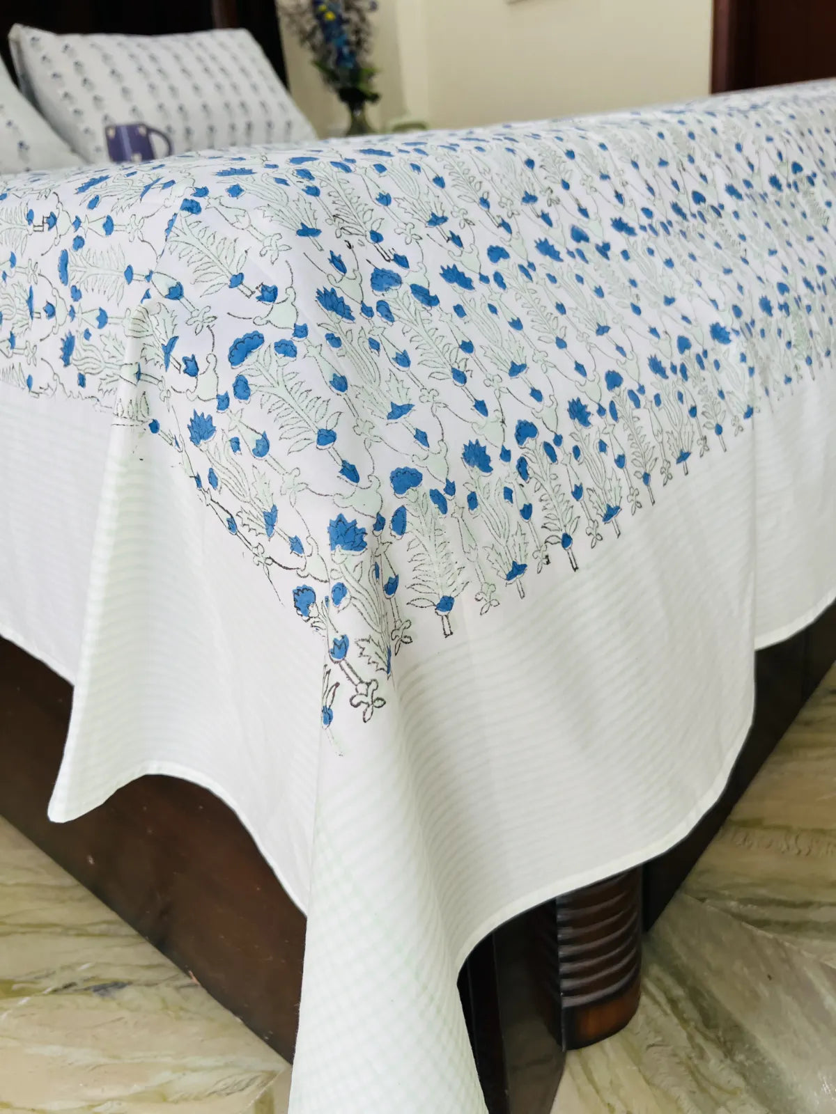 Pure cotton Jaipur bedsheet set blue flower print breathable bedding