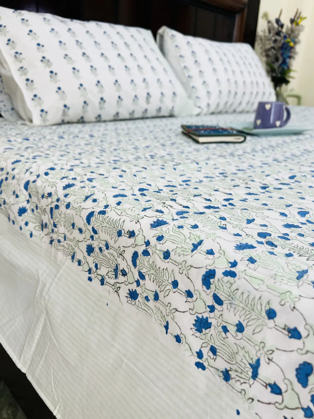 Pure cotton Jaipur bedsheet set blue flower print breathable bedding