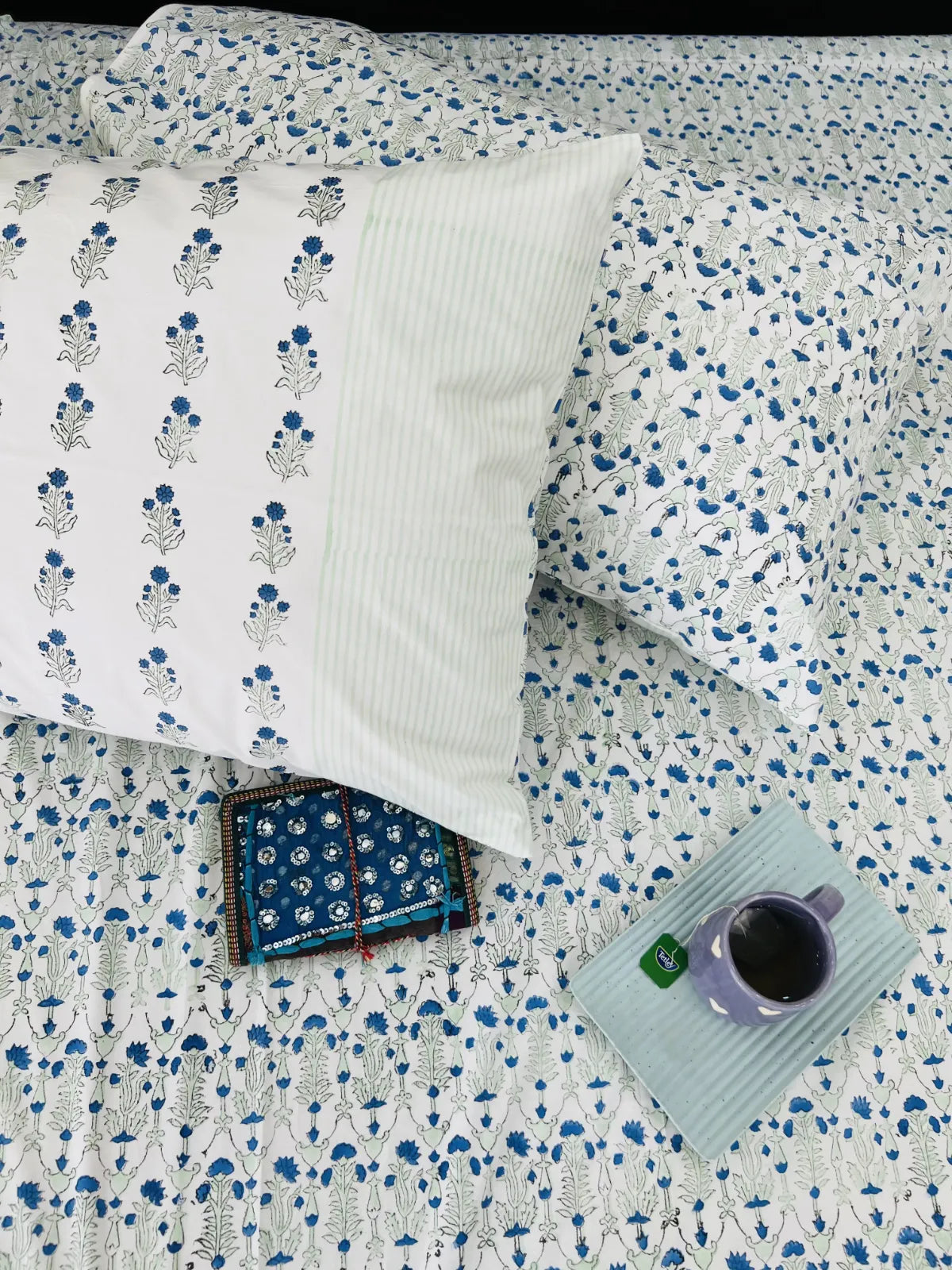 Pure cotton Jaipur bedsheet set blue flower print breathable bedding