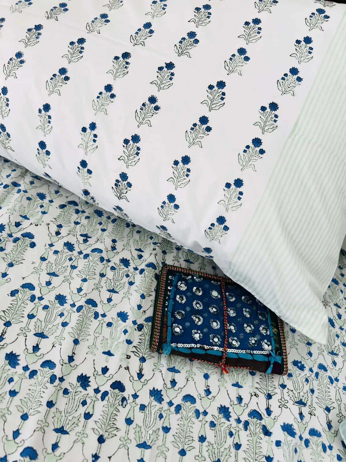 Pure cotton Jaipur bedsheet set blue flower print breathable bedding