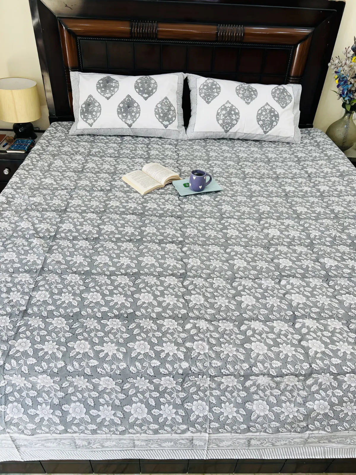 Grey cotton bedsheet handblock Mughal boota Jaipur