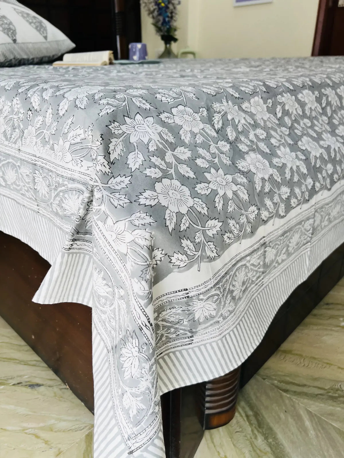 Grey cotton bedsheet handblock Mughal boota Jaipur