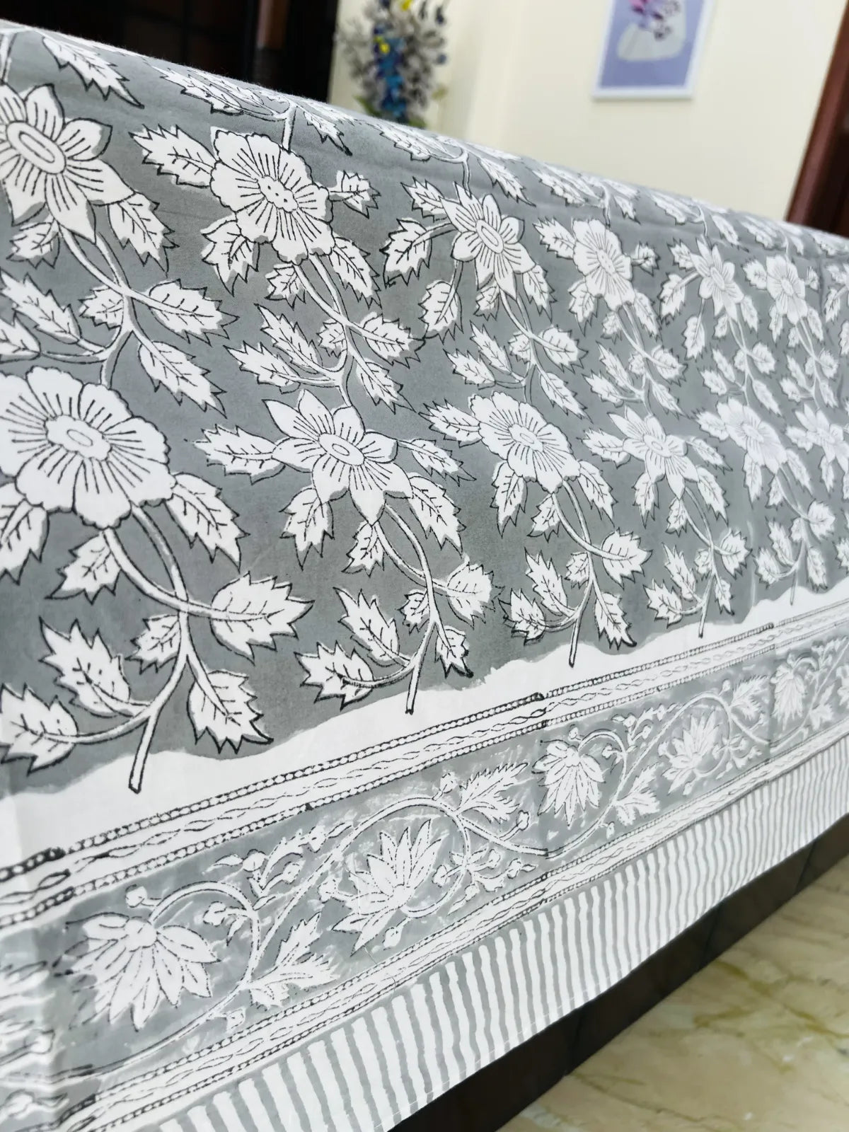 Handmade block print bedsheet grey design India
