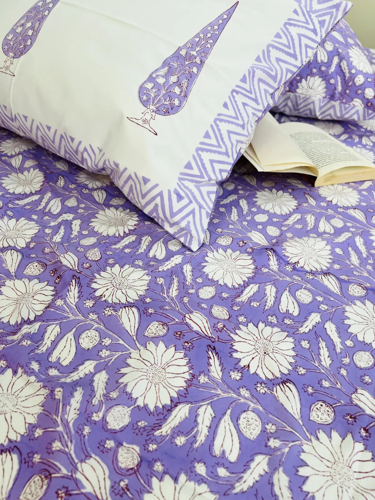 Pastel purple floral cotton bedsheet set breathable summer bedding