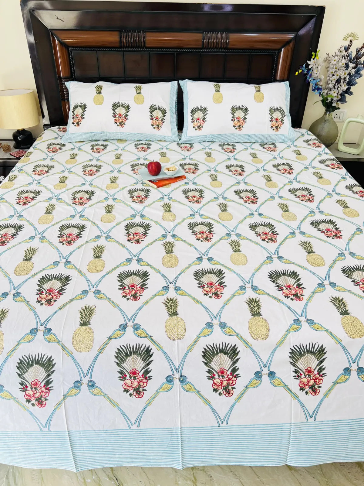 Tropical handblock printed cotton bedsheet set with pineapple and bird design – pure cotton Jaipur bedding