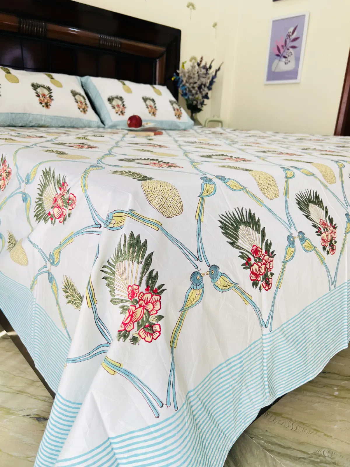 Tropical handblock printed cotton bedsheet set with pineapple and bird design – pure cotton Jaipur bedding