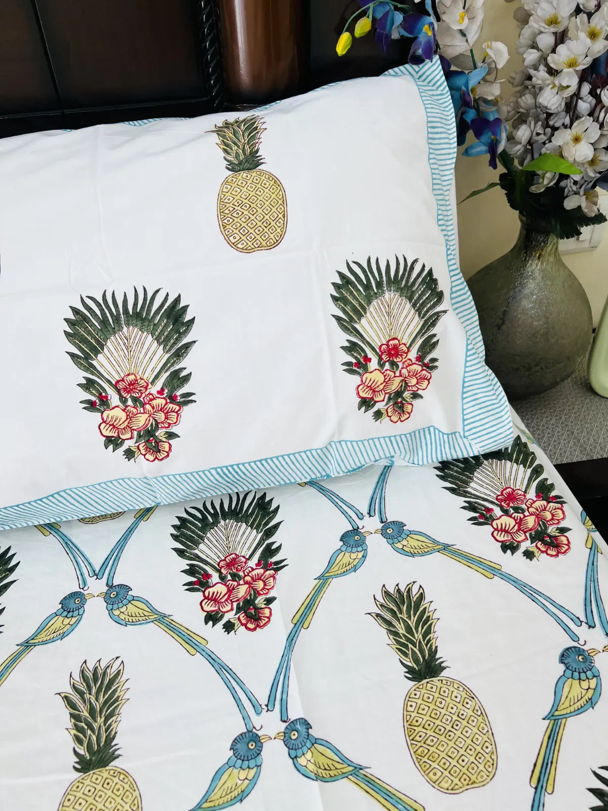 Tropical handblock printed cotton bedsheet set with pineapple and bird design – pure cotton Jaipur bedding
