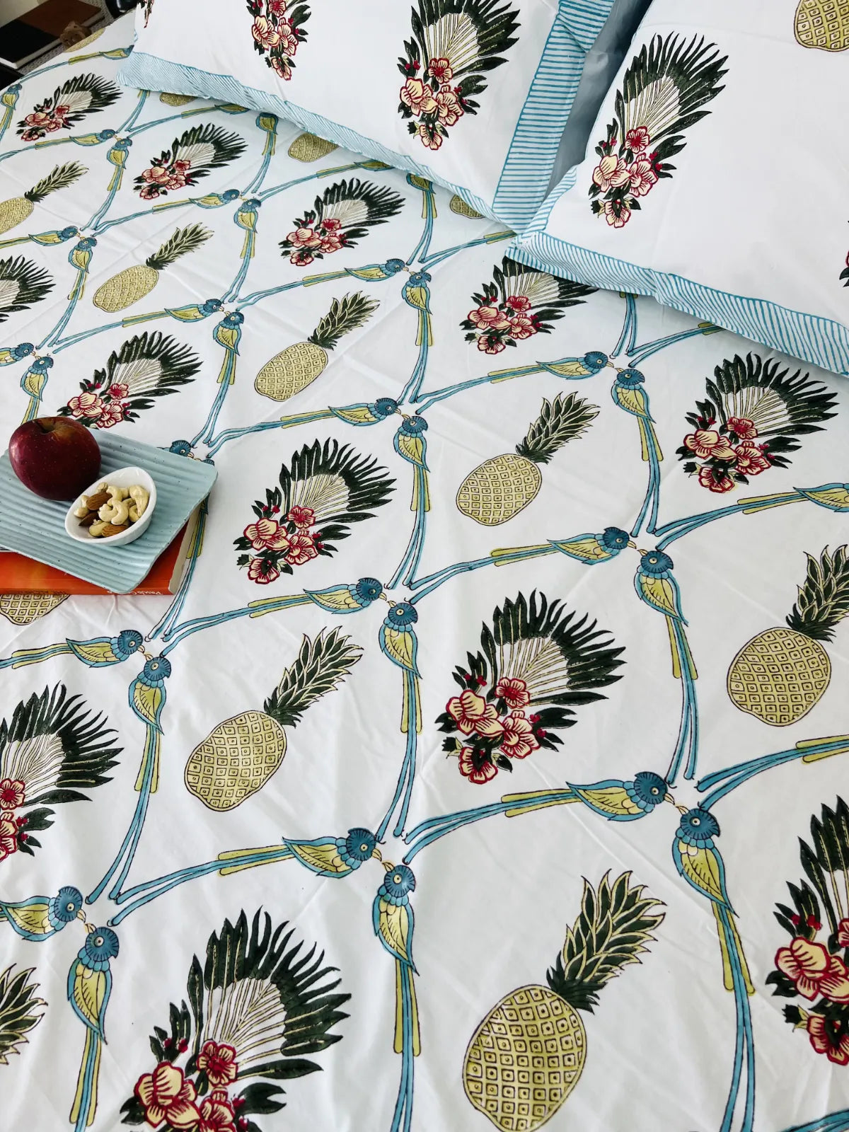 Tropical handblock printed cotton bedsheet set with pineapple and bird design – pure cotton Jaipur bedding