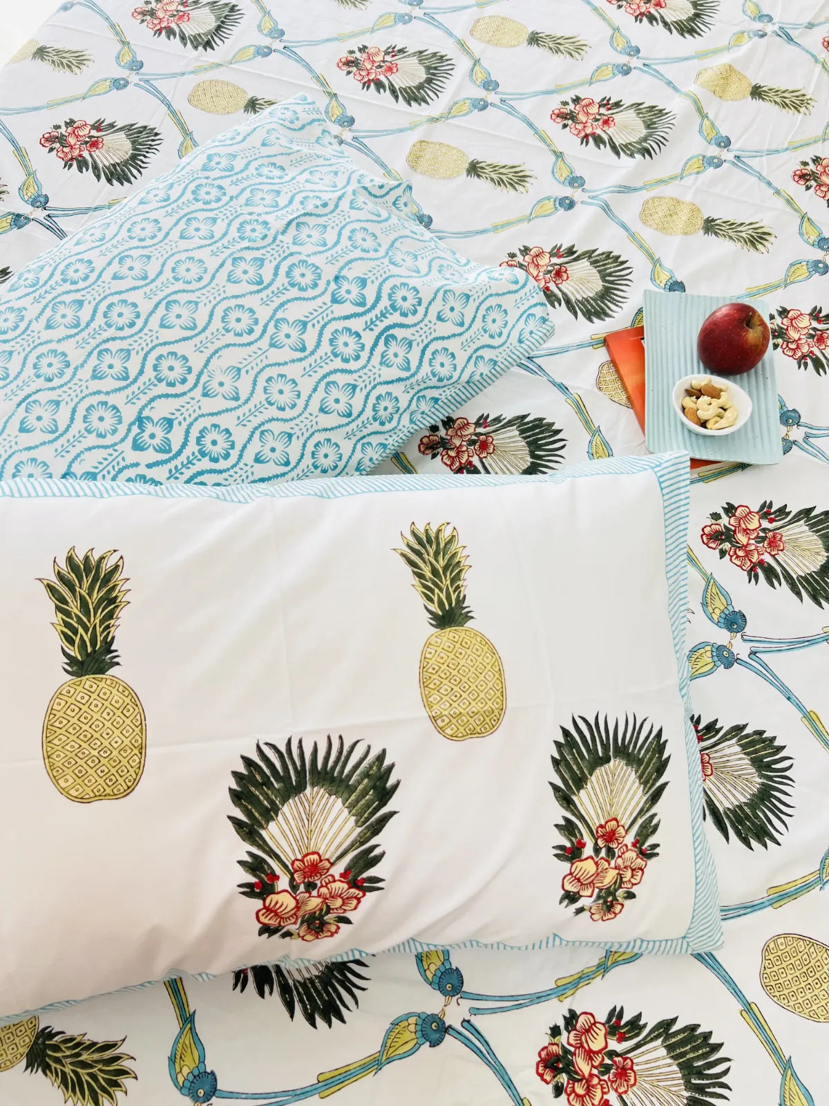 Pineapple bird print cotton bedsheet set handblock printed Jaipur