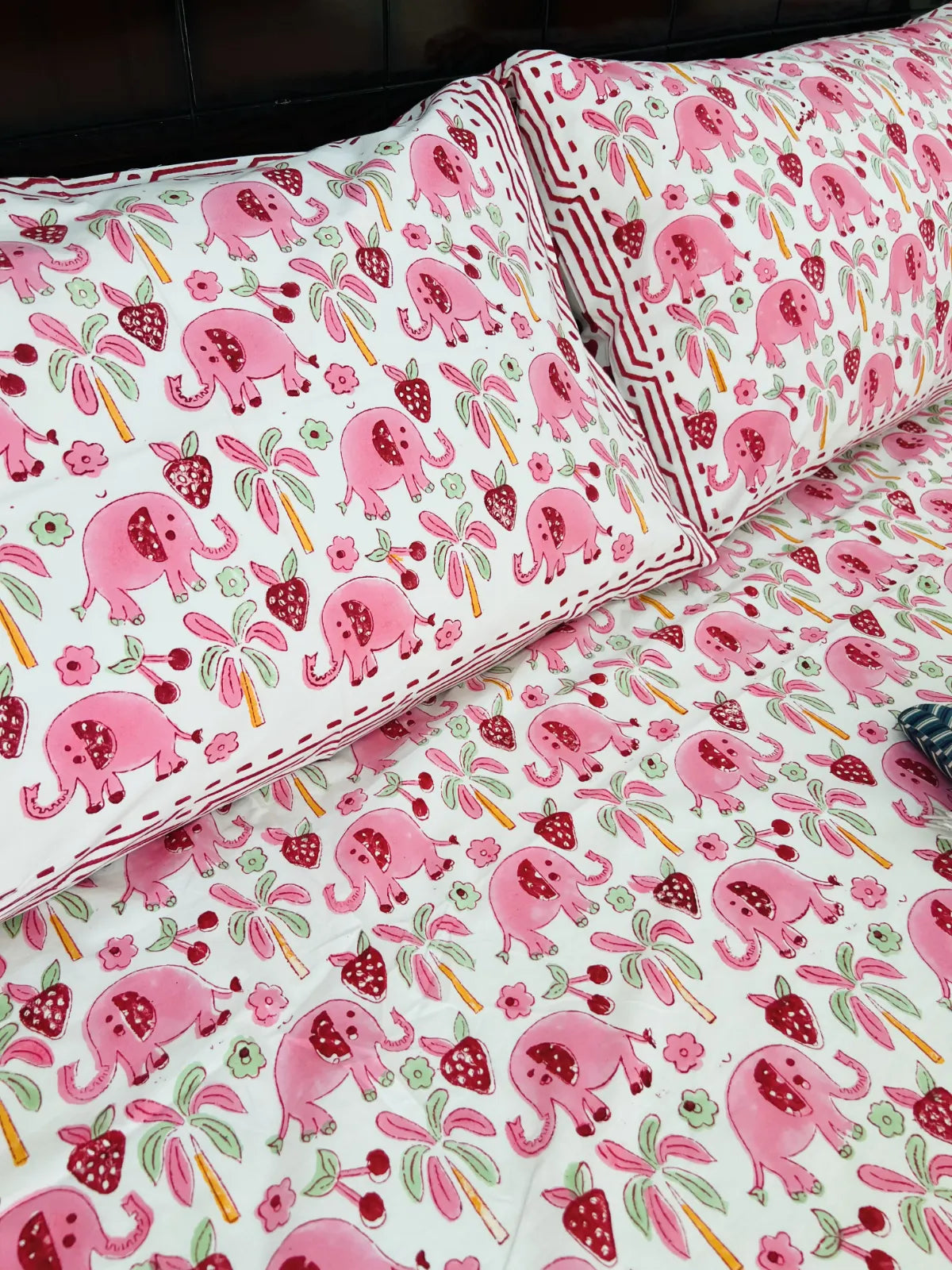Pink elephant handblock printed cotton bedsheet set with palm and fruit motifs – Jaipur bedding