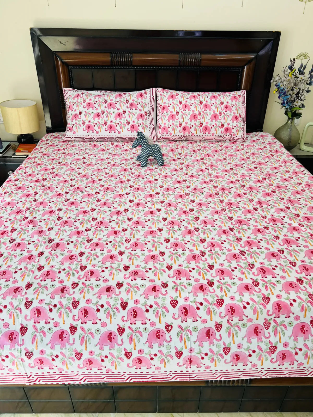 Handmade block print bedsheet elephant motif India