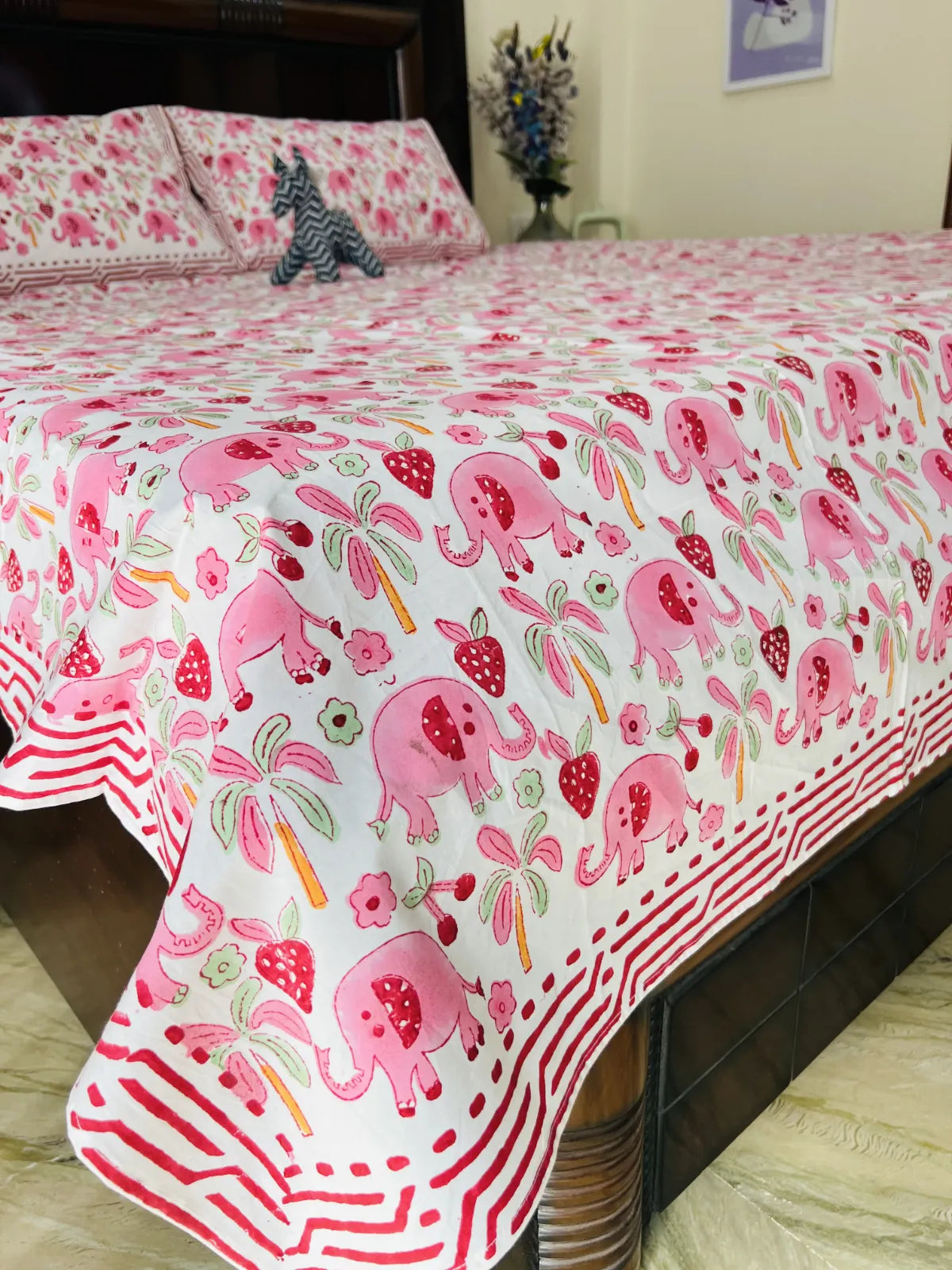 Pink elephant handblock printed cotton bedsheet set with palm and fruit motifs – Jaipur bedding