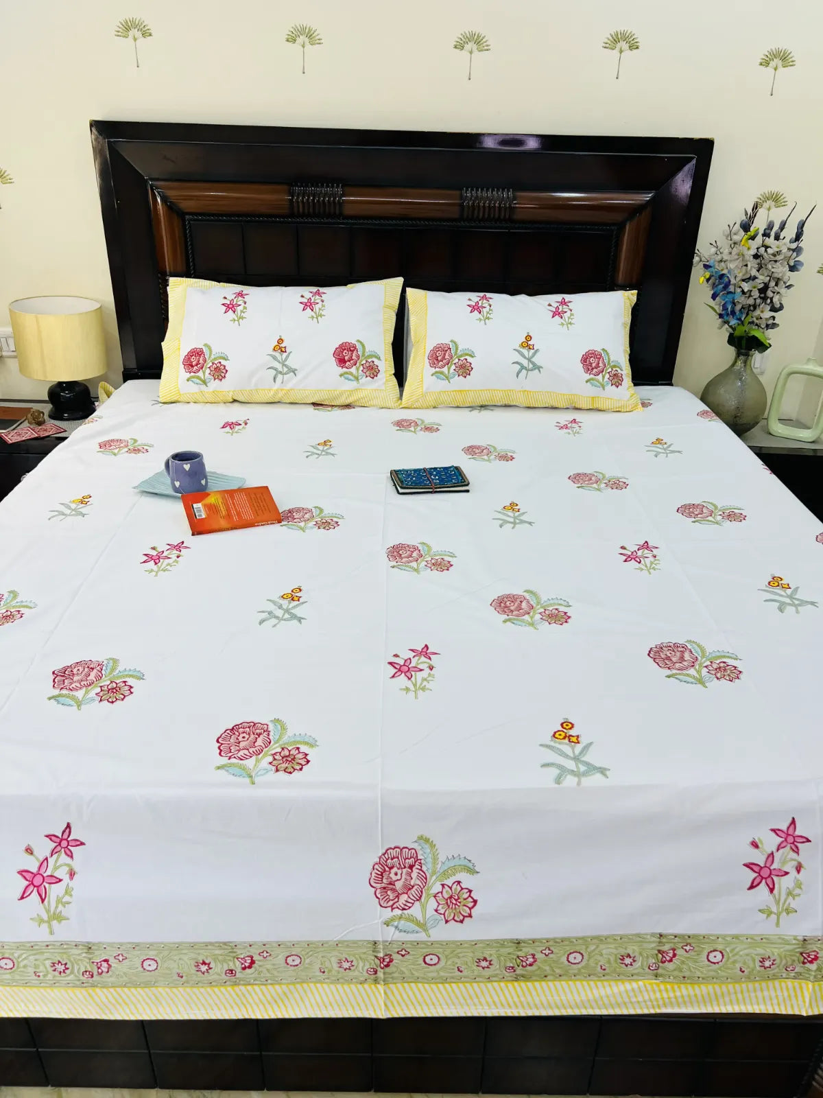 White cotton bedsheet with rose floral handblock print Jaipur