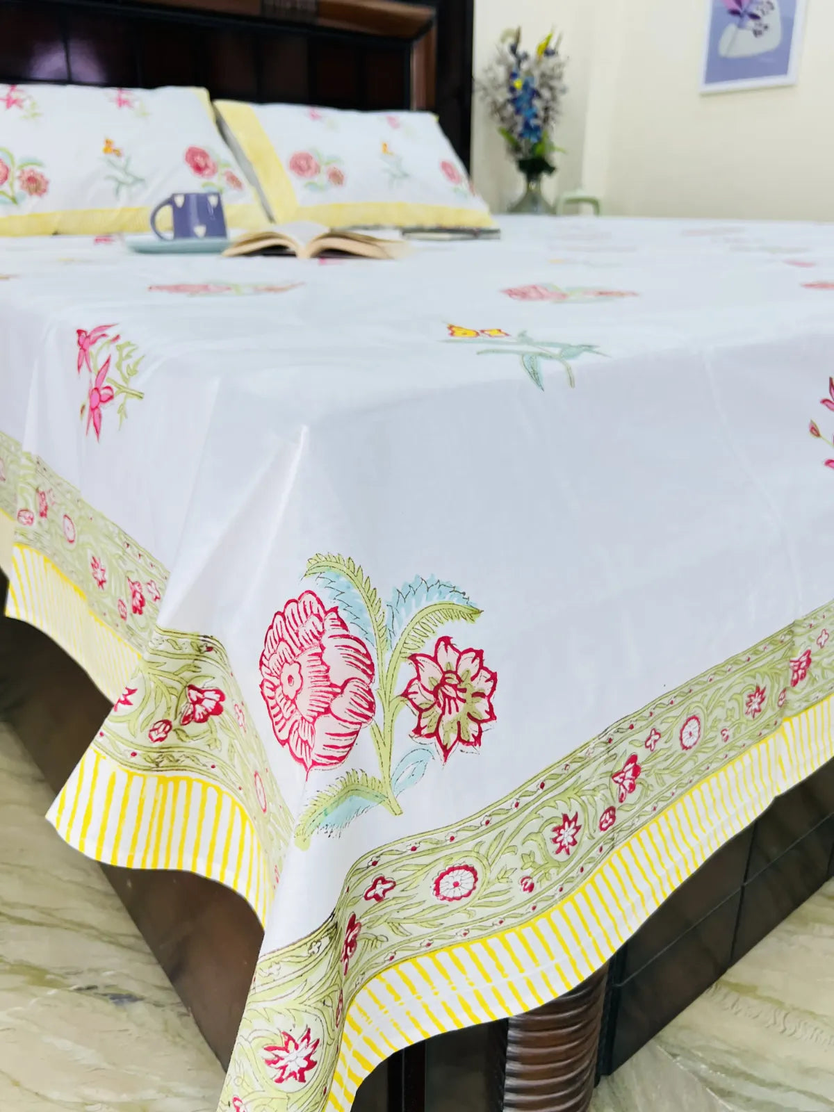 Rose cotton bedsheet with rose floral handblock print Jaipur