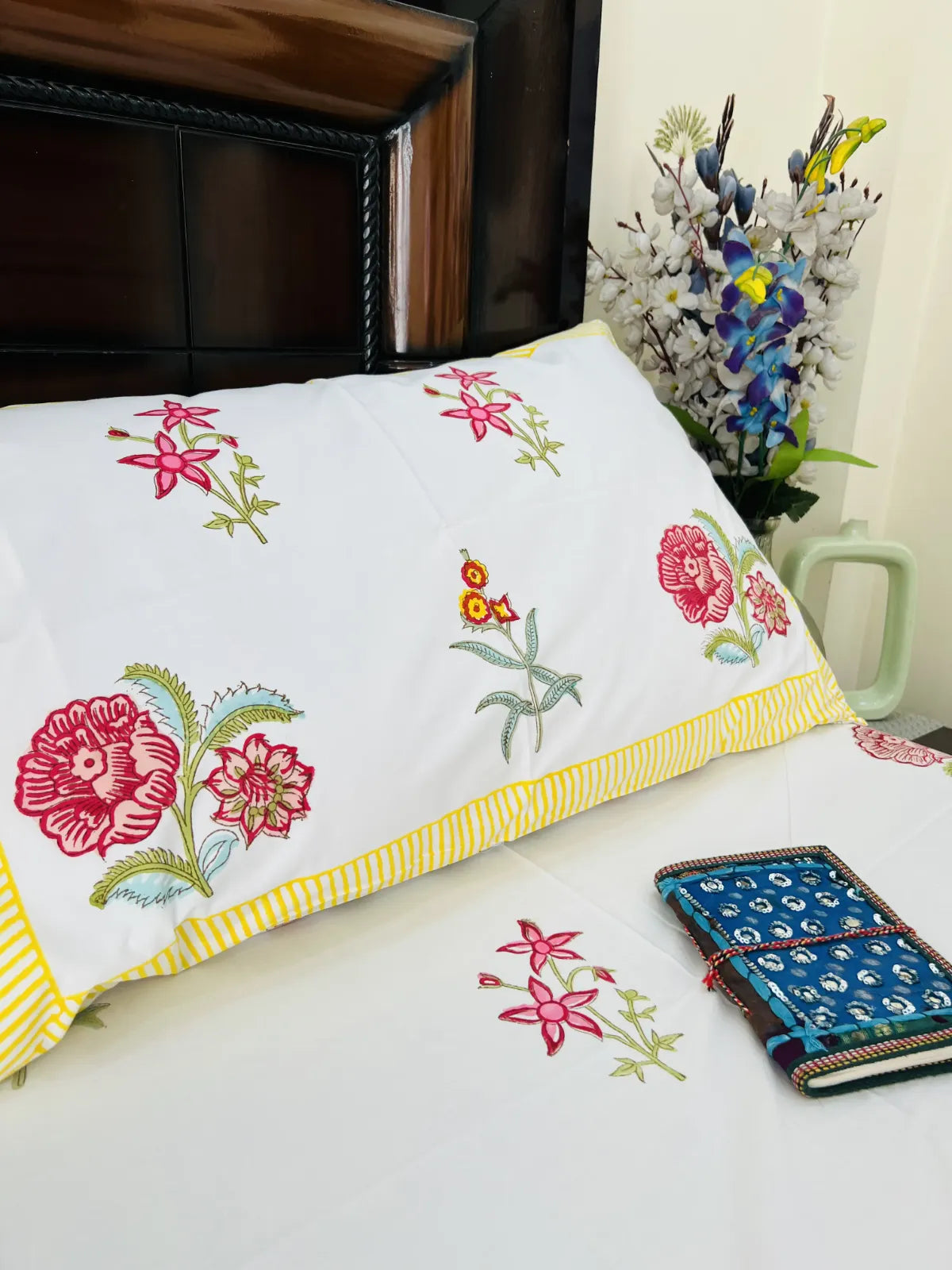 Premium white floral bedding set with pillow covers