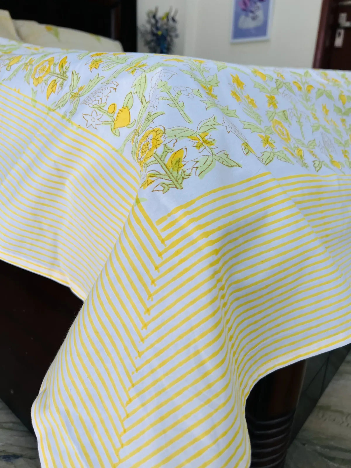 Handblock printed yellow floral cotton bedsheet set with pillow covers – breathable Jaipur bedding