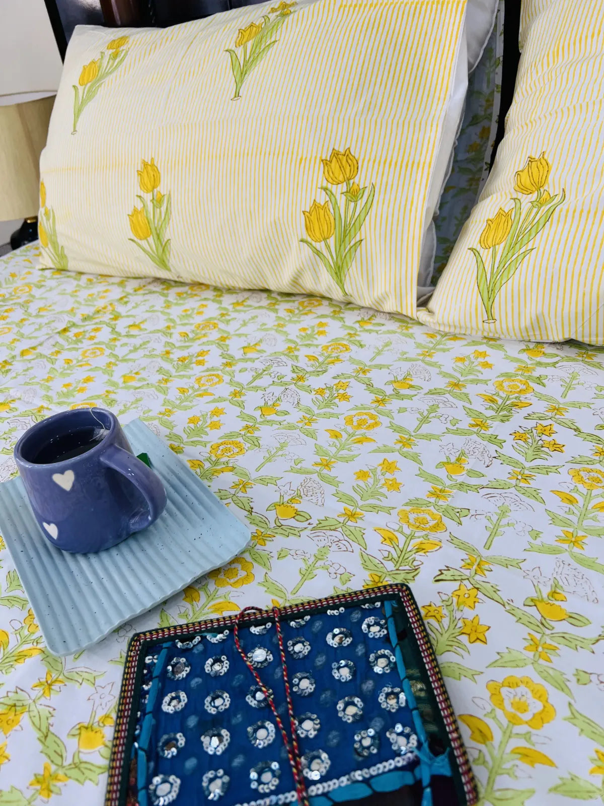 Handblock printed yellow floral cotton bedsheet set with pillow covers – breathable Jaipur bedding