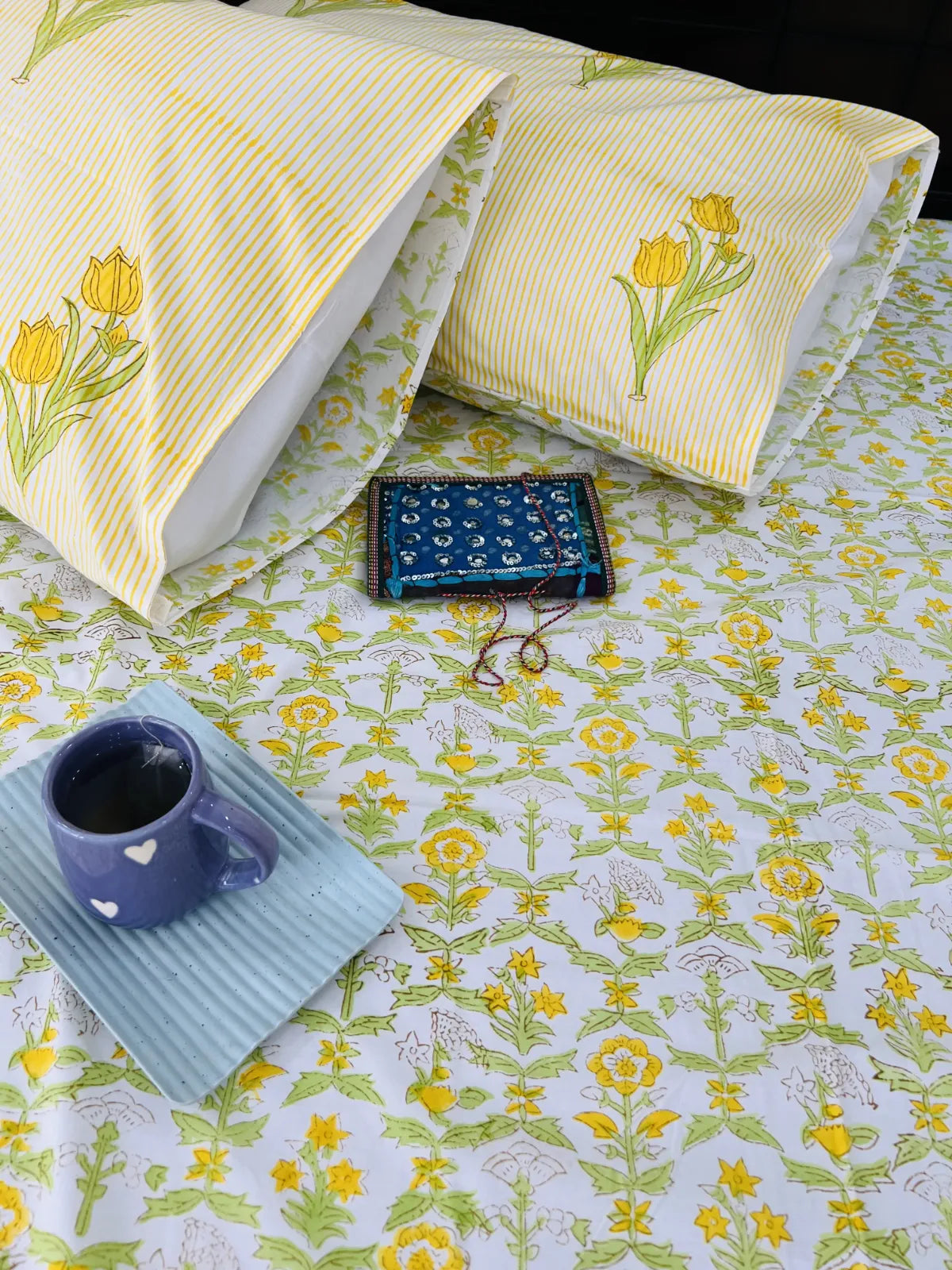 Handblock printed yellow floral cotton bedsheet set with pillow covers – breathable Jaipur bedding