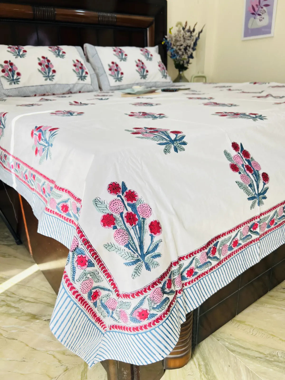 Bouquet print cotton bedsheet handblock Jaipur