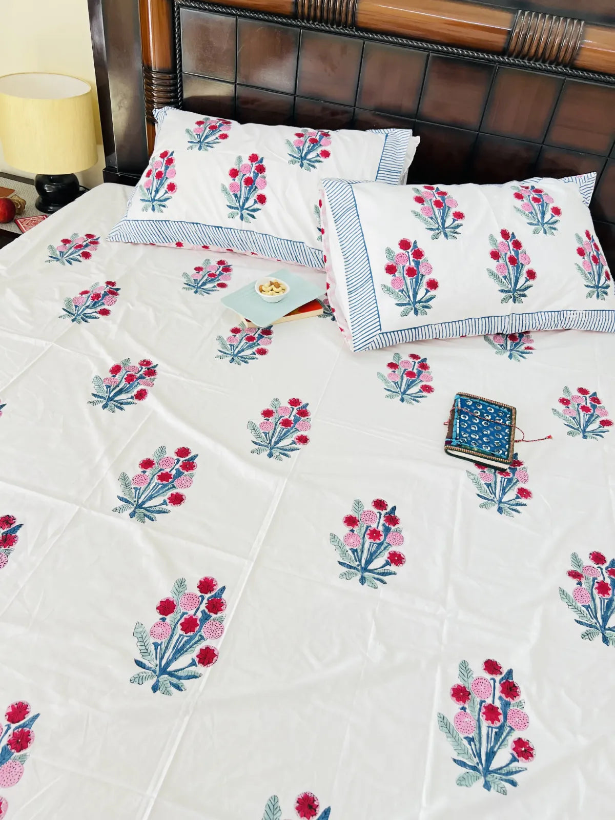 Handmade block print bedsheet bouquet design