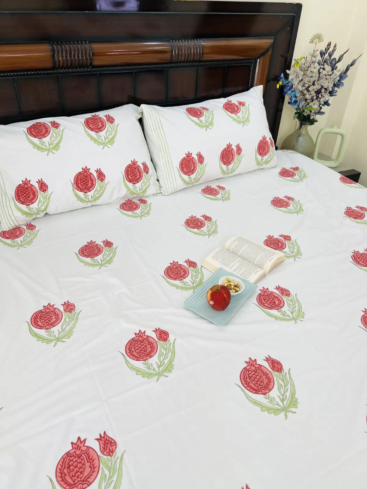 Anar boota handblock printed cotton bedsheet set with pomegranate motif – pure cotton Jaipur bedding