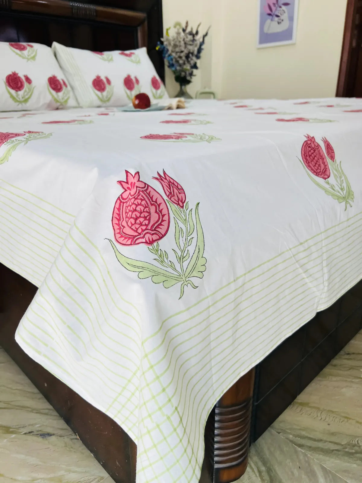 Anar boota handblock printed cotton bedsheet set with pomegranate motif – pure cotton Jaipur bedding