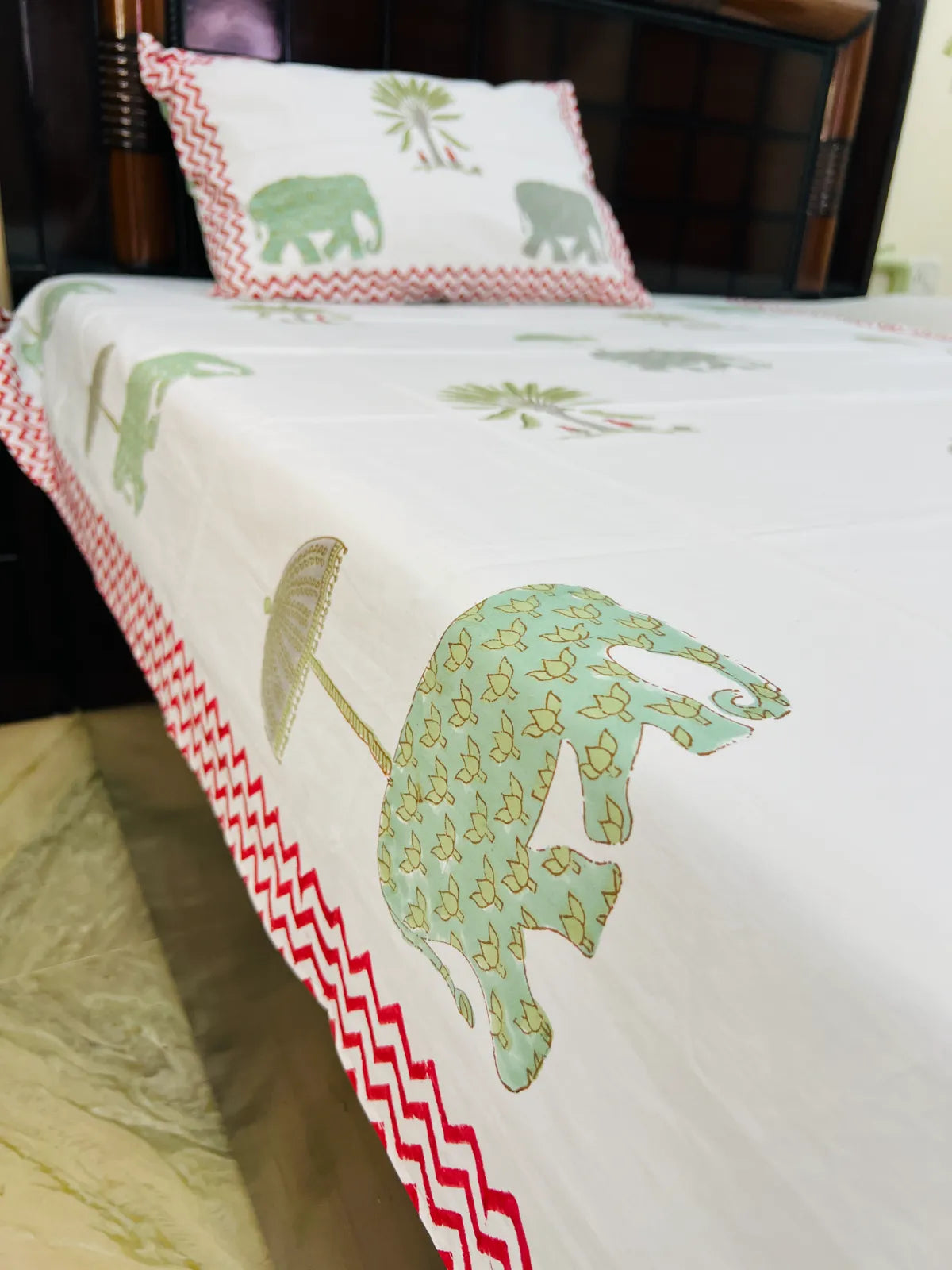 Pure cotton single bedsheet with traditional Rajasthan elephant print.