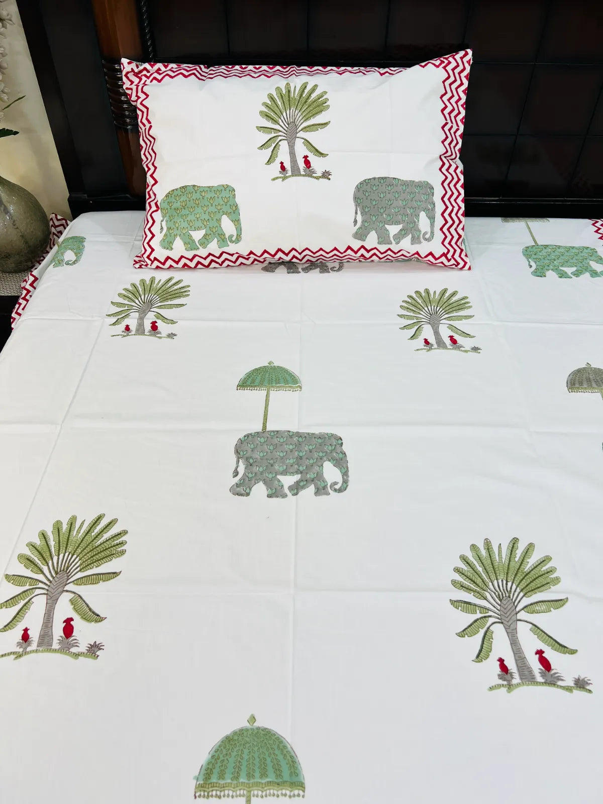 Hathi Baag handblock printed pure cotton single bedsheet with elephant motifs.