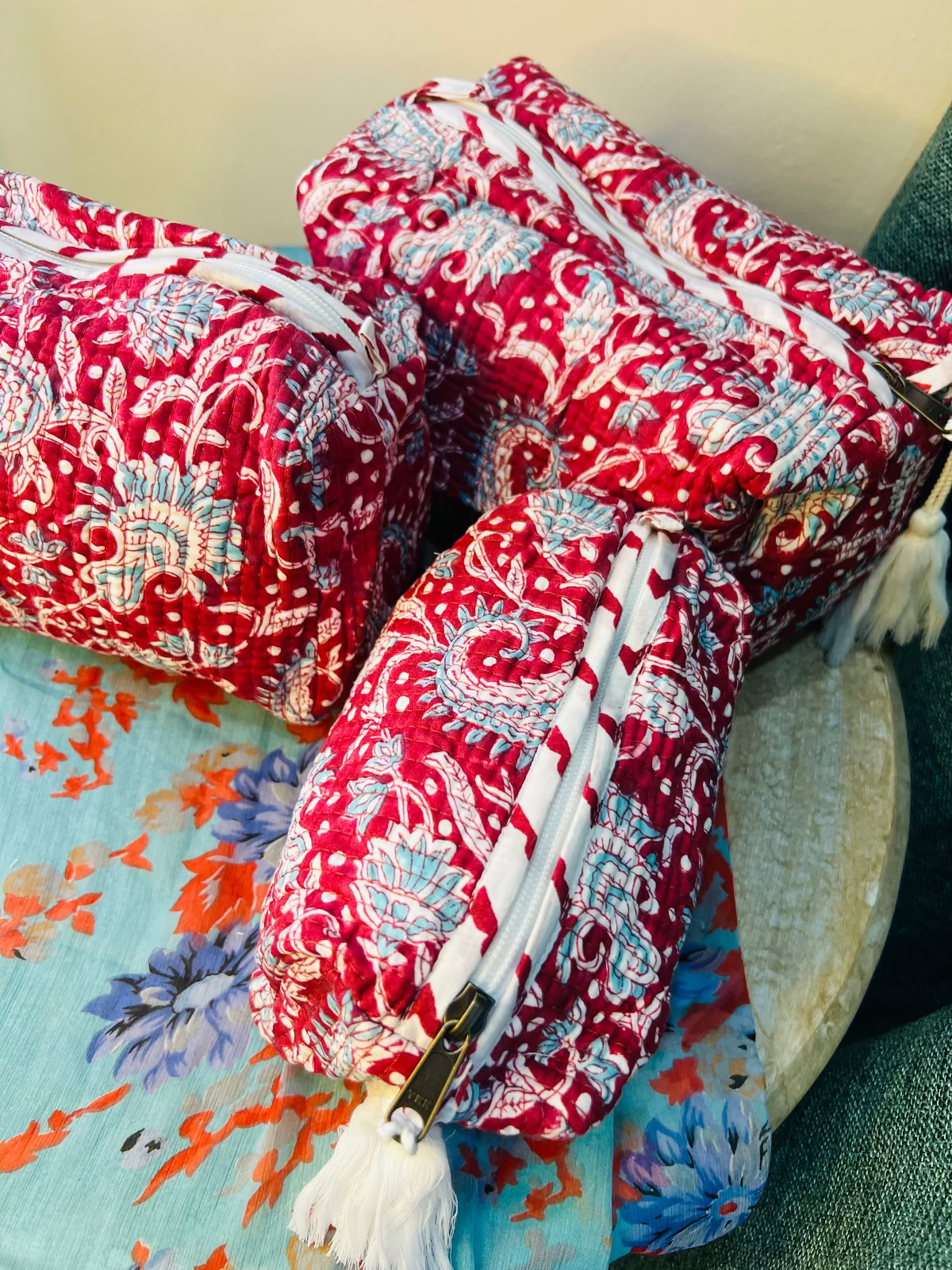 Scarlet Bloom Multipurpose Quilted Pouches - Set of 3